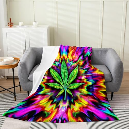 Marijuana Leaf Flannel Blankets,Botanical Weed Leaves Bed Blankets,Trippy Mandala Fleece Blanket for Teens Girls Boys Adult Living Room Decor,Neon Colorful Tie Dye Style Fuzzy Blanket,50×60