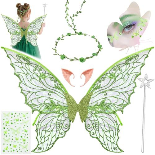 YeahBoom Feenflügel Kostüm,Schmetterlingsflügel mit Elfenöhren,Fee Stirnband und Sterne Feenstäbe,Schmetterlingsflügel,Prinzessinnenflügel,Flügel Kostüm für Fasching oder Feen-Mottopartys