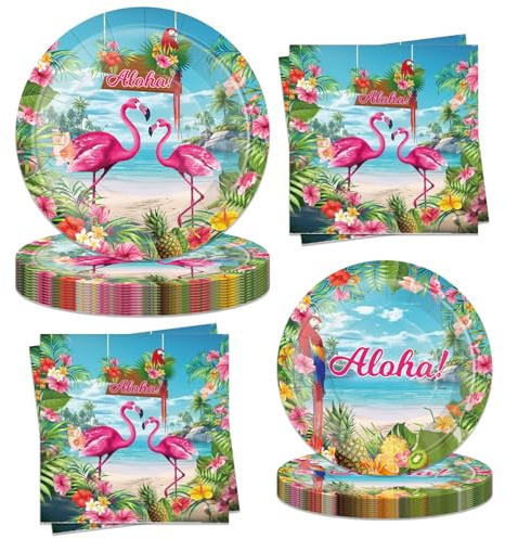 OADHSUWGS 40 Pcs Hawaiian Aloha Party Tableware Set Include Plates and Napkins Tropical Summer Beach Themed Decorations Luau Birthday Party Supplies Serves 10 Guests