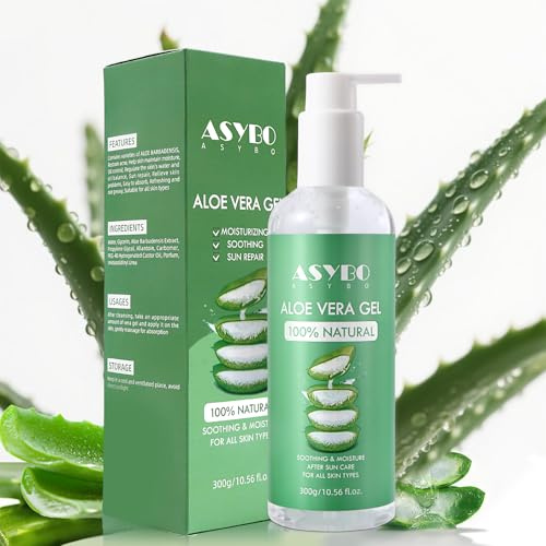 ASYBO 300 ML Aloe Vera Gel, 100% natürliche reine Aloe Vera Feuchtigkeitscreme, After-Sun-Pflege, Akne reduzieren, Narben reparieren, für alle Hauttypen geeignet
