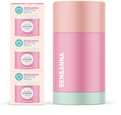 Ben & Anna Deo Refill – 1x wiederverwendbarer Deo-Container + 3x Nachfüllsticks „Love Me“ a 40 g • plastikfrei, aluminiumfrei & vegan • Fruchtig-blumiger Duft • Natürlich & nachhaltig (Love Me)
