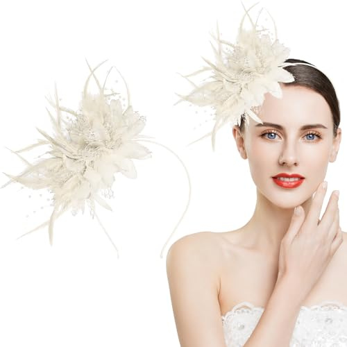 Crämfärgad fascinator-pannband, håraccessoarer med fjädernät, konstgjorda blommor, fascinatorer för kvinnor, bröllop, cocktail- och tebjudningar