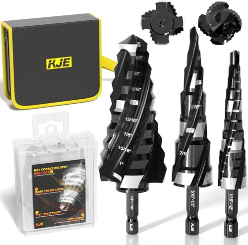 KJE 3PCS SAE 1/8 to 1-1/8 M35 Cobalt Step Drill Bit Set, 1/4 Hex Shank Metal Cutting Unibit Step Drill Bits(TiAlN Coated), Spiral Cone Drill for Stainless Steel, Sheet Metal, Wood & Plastic