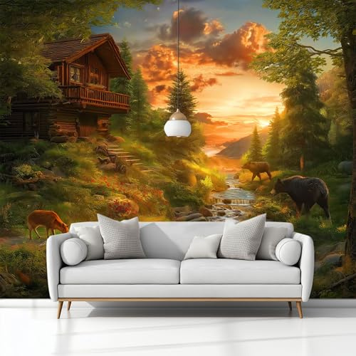 Genérico Fotomurales Decorativos Pared Cálido Atardecer Bosque, Amarillo Verdoso Fotomural Decorativo para el Hogar 250 x 175 cm (An x Al) – Ldeal para Salón Dormitorio Oficina y Pared de TV