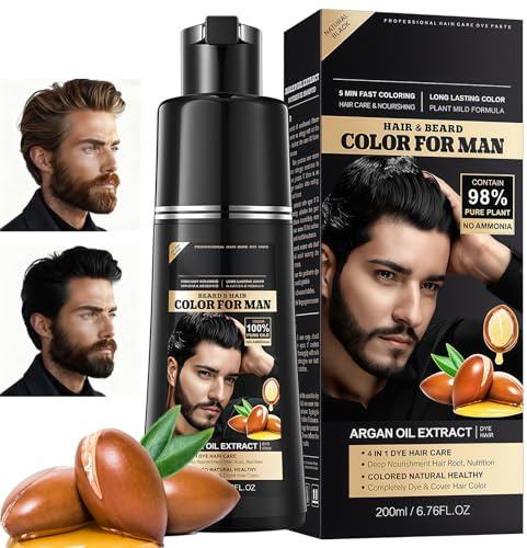 Tinta Barba Uomo,Tinta Per Capelli,Shampoo Colorante Uomo 3 In 1,100% Copertura Dei Capelli Grigi,Colorazione Hair Istantanea Per Donna E Men,Formula Naturale,Naturale Colore Per Donna Men,200ml