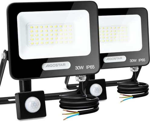 Aigostar- 30W Foco LED con Sensor Movimiento, Super Brillo Focos Exterior, 2750LM, Blanco Frío 6500K, IP65 Impermeable, Proyector LED Exterior, Perfectas para Jardín, Garaje, Patio, Paquete de 2