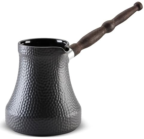 Ceramic Turkish Coffee Pot 650 ml (21.98 oz) Cezve Ibrik Briki Turka Hammered Graphite Color with Removable Wooden Handle for Gas Electric Hobs