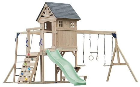 AXI Duncan Aire De Jeux en Bois, 2 Balançoires, 1 Toboggan - Vert Pastel | Maisonnette/Equipement De Jeux XXL pour Enfants avec Structure d'escalade, Barres Fixes Et Trapèze | pour Le Jardin