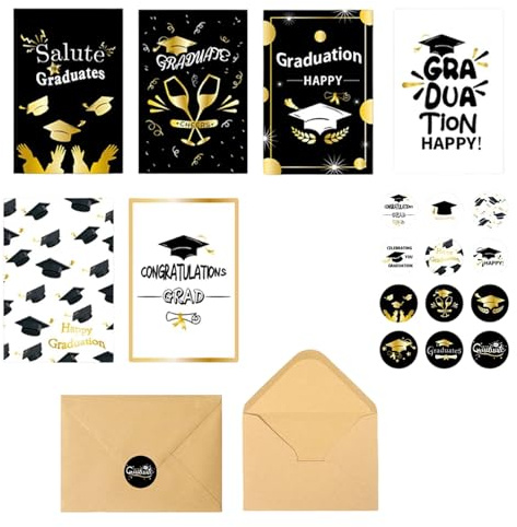 AHEJIOO Abschluss Karte Set Mit Umschlag Graduation Glückwunschkarten 6er Set Schwarz Gold Design Bachelor Geschenk Abitur Geschenke Abschluss Geschenk Für Ihn Sie Bestandene Prüfung Geschenke Karte