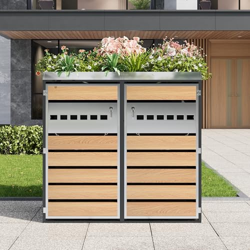 Merax Cache-poubelles à 2 portes avec bac à fleurs intégré et surface de plantation, cache-poubelle verrouillable pour 2 poubelles, en acier galvanisé, inoxydable et résistant aux intempéries, gris