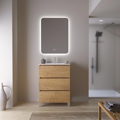 Feel Your Bath Conjunto Mueble de Baño Jaguar 60 cm Marrón Madera, 3 Cajones Soft Close, Patas Negras, Encimera Cerámica Blanco Brillo con Lavabo y Espejo Cuadrado LED Antivaho, Almacenaje Compacto