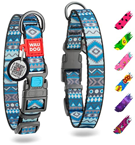 WAUDOG Verstellbares Welpenhalsband für kleine Hunde – Hundehalsband Jungen und Mädchen Nylon-Welpenhalsband Welpenhalsbänder große Rassen (Ethno Blue, 24,5 cm 34,5 Halsumfang)