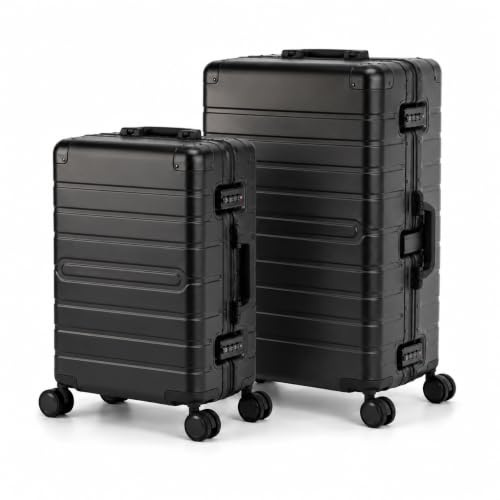 Travelhouse® Oslo M+L Koffer Trolleys ohne Reißverschluss Schwarz 70L+102L | 100% Aluminium, Hartschale, Zipperless Alu-Rahmen, TSA, 8 Rollen