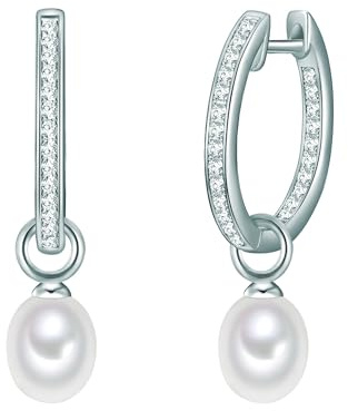 Valero Pearls Damen Ohrringe 925/- Sterling Silber | rhodiniert, Creolen, Zirkonia, weiß, Süßwasser-Zuchtperle, ca. 6,0 - 7,0 mm, weiß, tropfenförmig