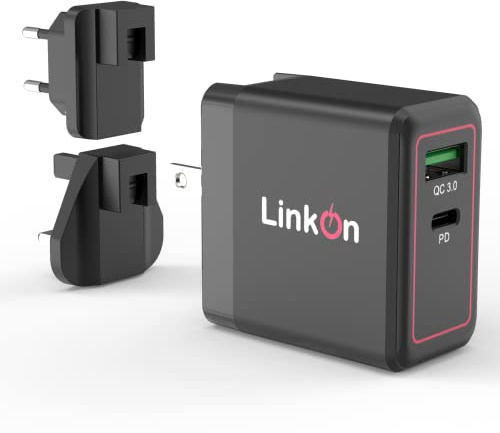 LinkOn Ganius 65W Wand-Ladegerät GaN Tech 65W USB-C PD3.0 PPS und 18W USB-A QC4.0+ Kompatibel mit MacBook 2019 Samsung Galaxy Note S10 S20 Tragbares Laptop-Reise-Netzteil Ersatz