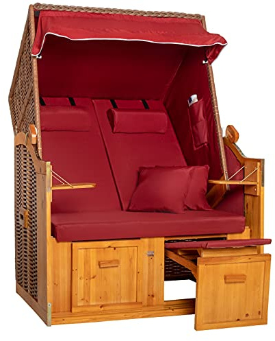 LILIMO Strandkorb Ostsee | Variante B in Bordeaux Uni | Geflecht Natur | Inkl. Schutzhülle | 2-Sitzer Ideal für Garten Terrasse und Balkon