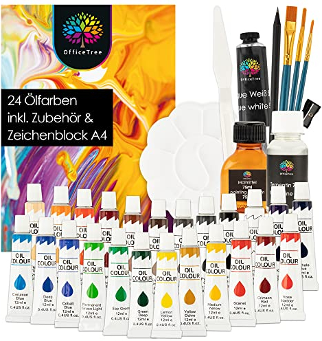 OfficeTree 24 x Ölfarben Set mit Pinsel und Palette 12ml - Ölmalerei Set inklusive Zubehör - Komplettes Ölfarben Starterset mit Terpentin, Malmittel und Malblock - Oil Paint Set