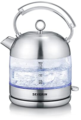 SEVERIN Retro Glas Wasserkocher, XXL-Füllvolumen von 1,7L, leistungsstarker und kompakter Wasserkocher im hochwertigen Retro-Design, elektrisch, Glas/Edelstahl-gebürstet, WK 3459