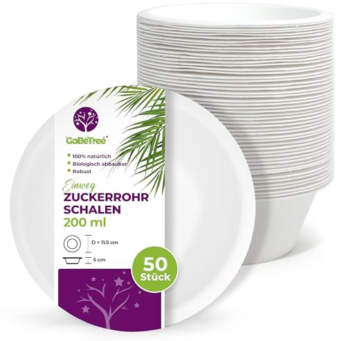 GoBeTree 50 Cuencos Desechables de Caña de Azúcar 200 ml. Boles Blancos para Salsas, Dips y Aperitivos, Aptos Microondas y Congelador, Resistentes al Aceite