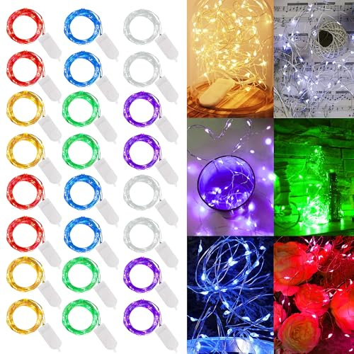 WATERGLIDE 24 Pack Fairy Lights Battery Operated (Included), 7 ft 20 LED Mini String Lights, Waterproof Silver Wire Firefly Starry Lights for DIY Wedding Christmas Party Mason Jars Decor, Multicolor