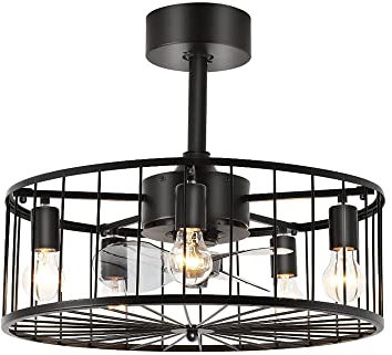 SXSGSM 20'' Farmhouse Ceiling Ceiling Light With Fans, Industrial Black Caged Bladeless Fan Ceiling Light With Remote Control, Small Chandelier Ceiling Fan Lighting The New