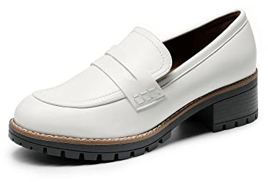 DREAM PAIRS Womens Moccasin Loafers | 1.9 inch medium-height chunky heel with slip-on design and almond toe design and sleek PU upper that won't tire out your feet