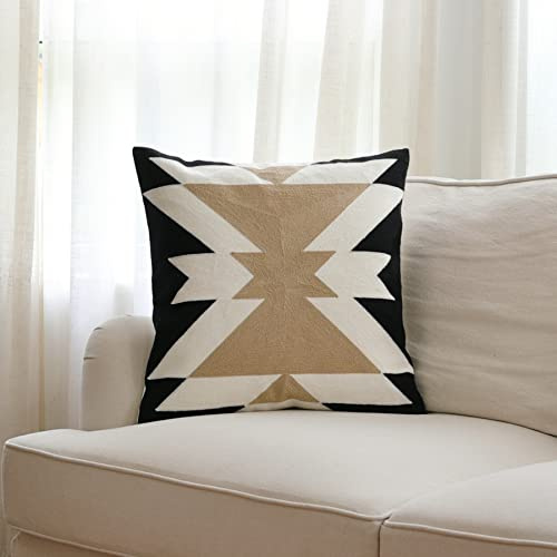 IKATYARN Black White Coffee Aztec Embroidery Throw Pillow Cover,Boho Tribal Geometric Pillowcase, Modern Farmhouse Brown Cushion Case for Couch Sofa Bed, 20x20