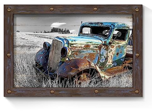 LKW-Wandkunst, Holzrahmen: rostiges blaues altes Auto, rustikale Automobildrucke, Landhaus, Western-Kunstwerk, Vintage, antikes Gemälde für Wohnzimmer, Badezimmer, Schlafzimmer