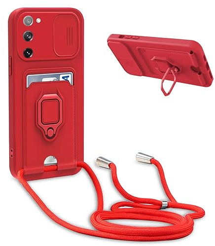 BGHHEU Handykette Schutzhülle kompatibel mit Samsung Galaxy S20 FE 5G Handyhülle mit Band,Schiebe Kameraschutz,360 Grad Ringhalter Stand,Kartenfach,Verstellbarer Halskette Silikon hülle - Rot