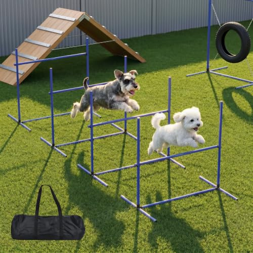YRHome Hunde Agility Hürdenset Agility-Ausrüstung für Hunde 4 x Hürden Slalom Stangen Hunde Training Hundesport 104x70x101cm Verstellbare Höhe Hundetrainigsset mit Tasche, Blau