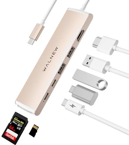 WALNEW 7-in-1 USB C Hub Multiport Adapter, with 4K HDMI, 100W PD, USB- C and 2 USB-A Data Ports 5Gbps, SD/TF Card Slot for Mac, MacBook Pro Air, Thinkpad, Chromebook, Dell XPS laptops