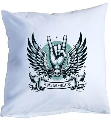 Fördeblau Heavy-Metal Fan Dekokissen, 40x40 cm, Metal-Head Design, vorn weiß mit Motiv, hinten schwarz – Dekorative Geschenkidee für Metalheads