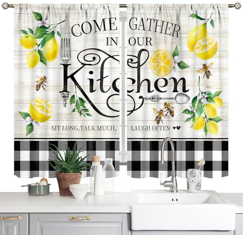 Rustikale Landhaus-Küchenvorhänge mit Zitronen-Motiv, Landhausstil mit Gabel & Löffel, Buffalo-Karo, Frühling. Kurze Café-Vorhänge, 2 Paneele (71,1 x 99,1 cm), ideal fürs Esszimmer, mit Stangentasche