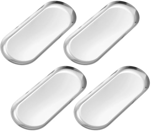 QUARKZMAN 4pz Acciaio Inox Vassoio Decorativi Bagno Vassoi Trucco Cosmetici Vassoi Piccolo Vassoio per Candele Dessert Portaoggetti(Argento 12 x 4.7)