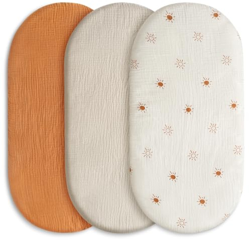 3er Pack Spannbettlaken Kinderwagen 83x43 aus 100% Musselin Baumwolle | Weicher Matratzenbezug für Beistellbett & Moseskorb, 360°Gummizug gegen Verrutschen(Solar)