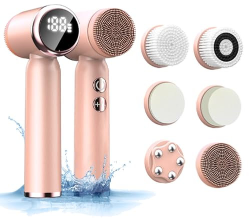 Spazzola elettrica per la pulizia del viso, 6 in 1, con 6 testine e 3 velocità di centrifuga per una pulizia profonda, impermeabile, ricaricabile, per pelli secche e grasse sensibili (rosa)