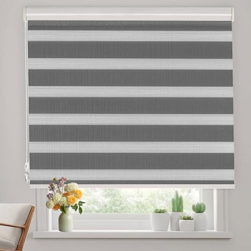 Verdunkelungsrollo Klemmfix 65 x 340 cm Hitzeschutz Energiesparend Seitenzugrollo Doppelrollo Thermorollo Inkl. Zubehör für Fenster Und Tür, Dunkelgrau