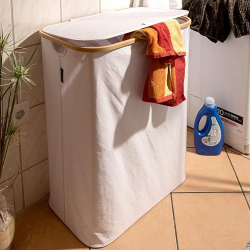 Hanseküche Cesto para la colada con 3 compartimentos y tapa, 160 L, plegable, bolsa de lavandería extraíble, tela Cordura, 74 x 57 x 37 cm, contenedor grande para la ropa sucia, cesta para la colada,