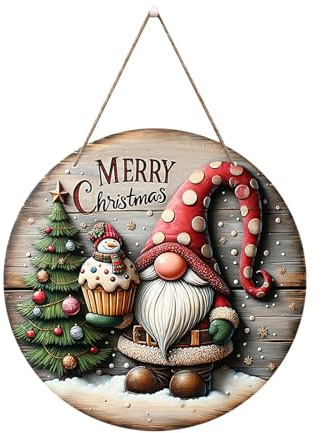 Zuasdvnk Letrero para puerta de entrada de Feliz Navidad, cartel para puerta de entrada de Gnome | Cartel para puerta de bienvenida árbol de feliz Navidad - Gnomo redondo de madera y cartel para
