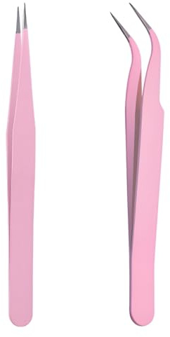 iCovalescent 2 Pièces Pincettes de Précision, Droit et Coudé, Réparation électronique, Bijouterie, Laboratoire, Des Poils du Visage, De la Barbe, Pince à épilerpour Sourcils, Cils(Rose)