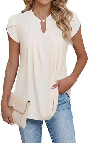 Cuptacc T-shirt för kvinnor, kortärmad, V-ringad tunika, elegant, rynkad, blommig blus, topp