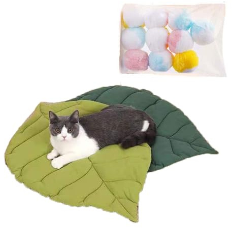 SUYUKU Katzenunterlage, gemütlich, beruhigend, weich und warm, waschbar, Katzenmatte, faltbares Bett für Katzen und Hunde, stilvolles Blatt-Styling mit Spielzeug (grün)