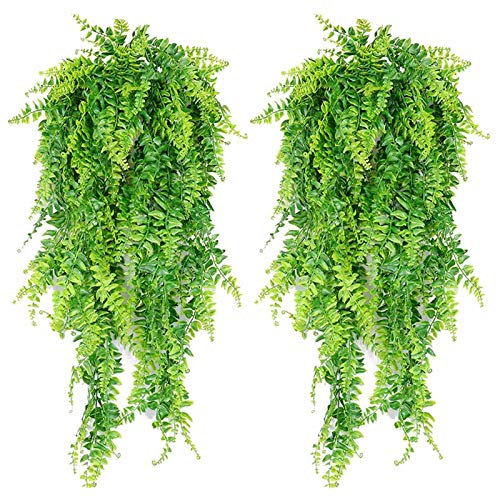 Ksikdeg Set Of 2 Artificial Plasic Plant Balcony Home Decor Wedding Fern Leaf Wall Hanging Resistant Wedding Garden