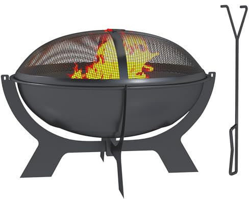 Outsunny ciotola per fuoco Ø54x39cm in metallo rotonda con attizzatoio parascintille Ciotole per fuoco portatile cesto per il fuoco per giardino, balcone terrazza, campeggio all'aperto nero
