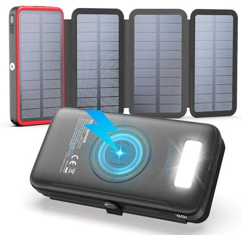 Caricatore Solare 27000mAh Power Bank Wireless - 22,5W Ricarica Rapida USB-C Batteria Esterna con Tre Uscite USB PD 4.0 QC 3.0 e 4 Pannelli Solari per Smartphone Tablet (Rosso)