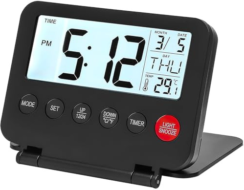 CKDSA Alarm Clock Christmas Small Digital Battery Operated Portable Clock Gift Mini Foldable LCD Display Alarm with Backlight Calendar Temperature 12/24H Snooze Weekend Mode (Batteries Not Included)