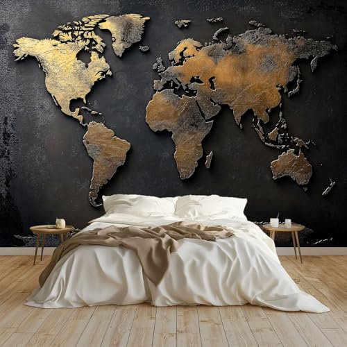 Carta da parati Mappa Del Mondo In Metallo Fotomurali Murale alla moda Decorazione da Muro Poster 300x210 cm Gigante Design Carta per pareti Ornamento, Oro Nero