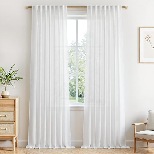 MRTREES Tende Lino Semitrasparenti per Interni Bianche Camera da Letto Soggiorno Moderne 2 Pezzi 140x245 cm Tenda Bianca Salotto Tende Cucina Porta Finestra con Passanti Nascosti