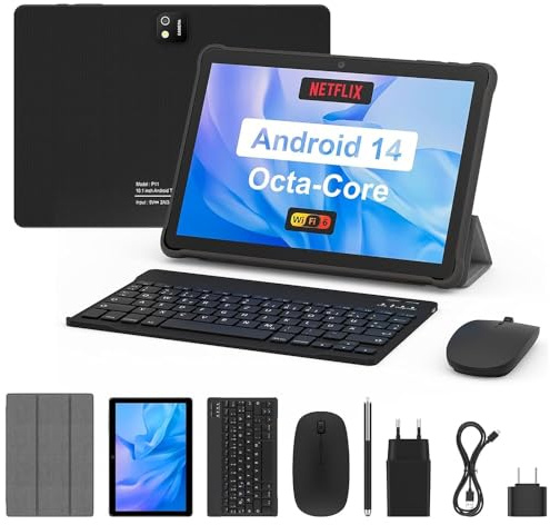 Tablet 10 Zoll Android 14: 2025 Neueste 5000mAh Octa-Core 8GB RAM+64GB 1TB TF Tablet PC WiFi 6 2.4G Bluetooth 5.0 1280 * 800 FHD GMS Dual Kamera mit Tastatur Maus, Typ C, Adapter, Hülle, OTG, Stift