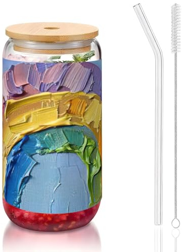 JEJEA Pequeñas tazas de cristal arcoíris con tapas de bambú y popotes, taza de café, tazas en forma de lata, vasos, cócteles, transparentes